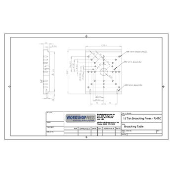 PDF technical document showing dimensions and specifications for the standard broaching table included with the 15 ton press.