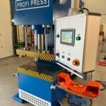 PPCT-100 C-Frame Press Front Right-Hand View with Main Controller, Palm Buttons, and Retracted Safety Curtains