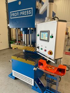 PPCT-100 C-Frame Press Front Right-Hand View with Main Controller, Palm Buttons, and Retracted Safety Curtains
