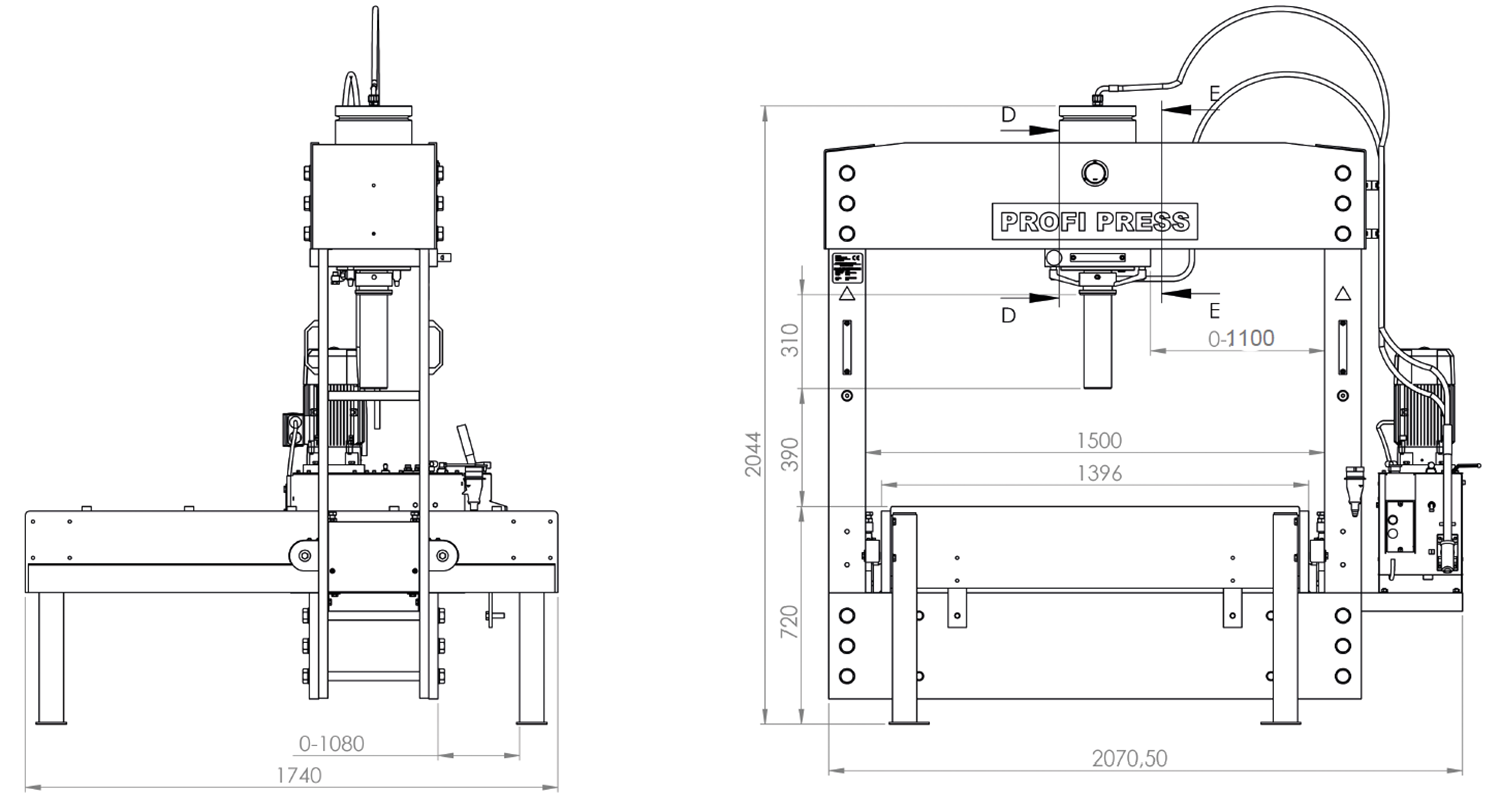 PPTL-100-1500 Wide Portal Roll Frame Press - Presents machine dimensions, 500x267 pixels