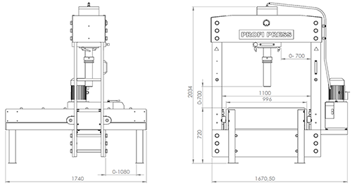 PPTL-100 Standard Portal Roll Frame Press - Presents machine dimensions, 500x267 pixels