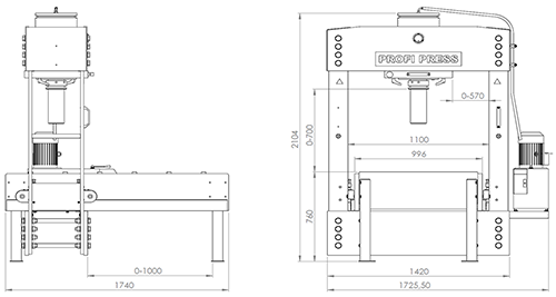 PPTL-160 Standard Portal Roll Frame Press - Presents machine dimensions, 500x267 pixels